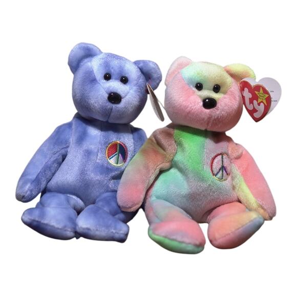 VTG TY Beanie Babies Peace Bears Lot of 2 1996 & 2003 Retired MWMT Tie-Dye Blue - Picture 1 of 11
